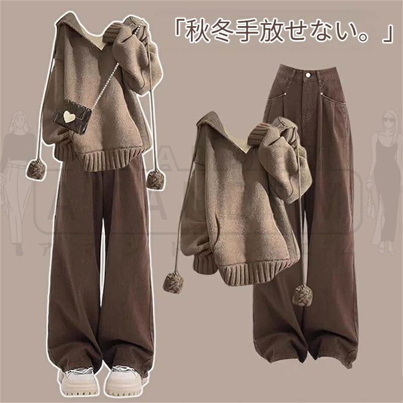 セットアップ レディース 春 秋 冬 秋冬 きれいめ カジュアル 韓国 ニットセーター ワイドパンツ 2点セ..