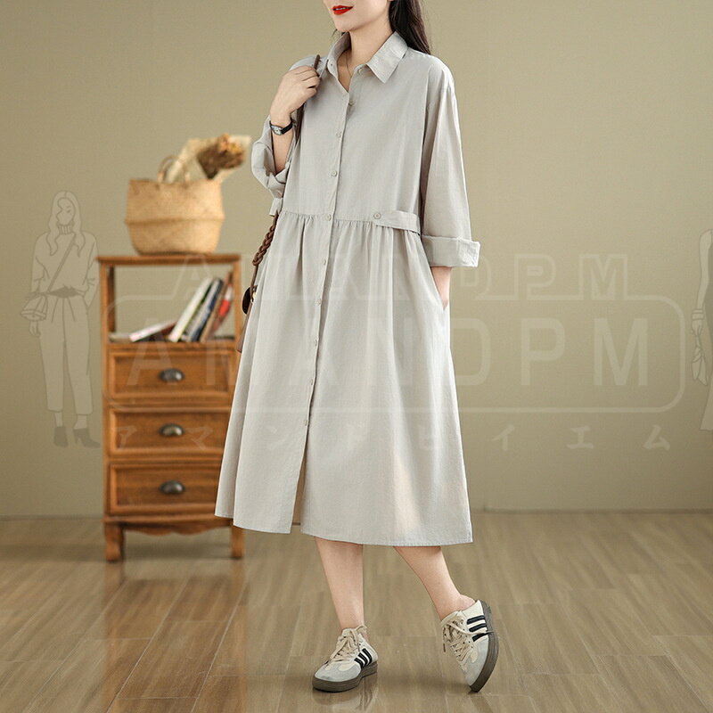 ワンピース レディース きれいめ カジュアル 春 秋 韓国 ロングワンピース ロング シャツワンピース シャツ 長袖 秋物 大人可愛い ゆったり 快適 ハイウエスト Aライン 体型カバー ポケット 大きいサイズ タイト 低身長 お出かけ 細見え 上品 大人 シンプル 30代 40代 50代