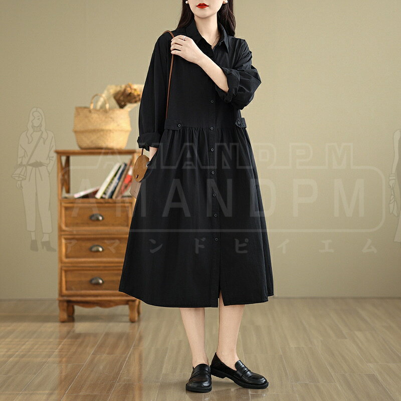 ワンピース レディース きれいめ カジュアル 春 秋 韓国 ロングワンピース ロング シャツワンピース シャツ 長袖 秋物 大人可愛い ゆったり 快適 ハイウエスト Aライン 体型カバー ポケット 大きいサイズ タイト 低身長 お出かけ 細見え 上品 大人 シンプル 30代 40代 50代