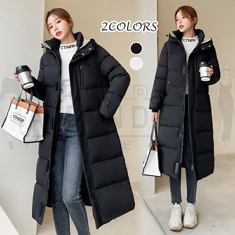 Down Coat - 中綿コート レディース ロングコート ロング丈 ベンチコート フード付き ダウンジャケット アウター シンプル 厚手 あったか 通勤 通学