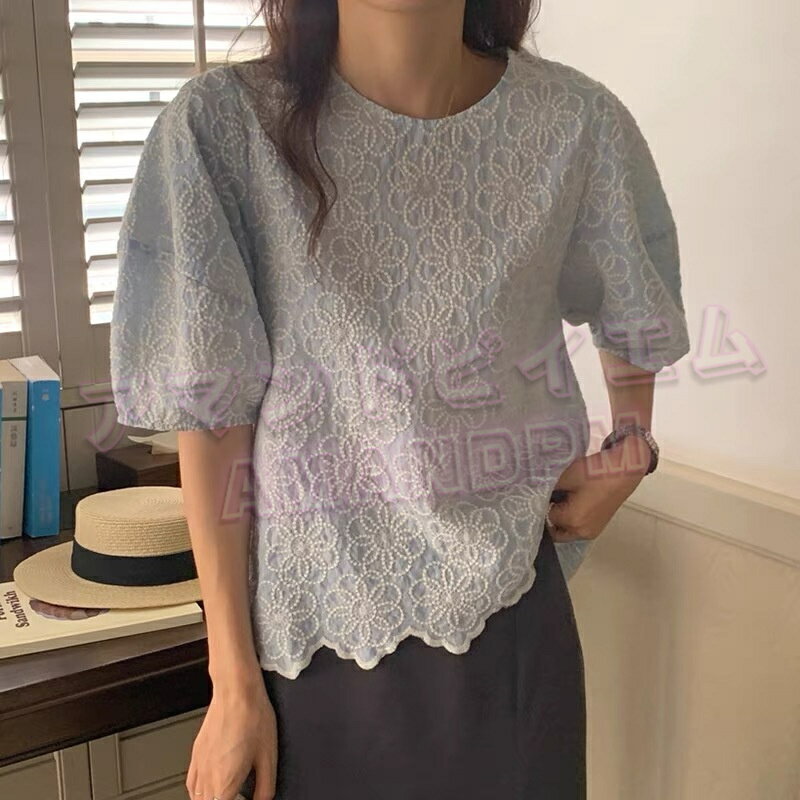 「楽天スーパーSALE」 ブラウス レディース 半袖 夏 パフ袖 ボリューム袖 刺繍 レース バルーン きれいめ カジュアル おしゃれ ブルー コットン ゆったり 大きいサイズ トップス 体型カバー カットソー オフィス パフスリーブ バルーンスリーブ(4)