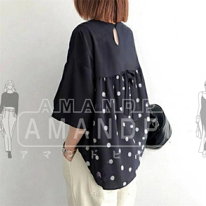 AMANDPMのTシャツ ブラウス Tシャツ 半袖 ラウンドネック 切り替え ブラウス Tシャツ 丸首 ドット柄 オシャレ きれい カジュアル レディース チュニック 大人 かわいい 大きいサイズ ゆったり 春 夏 夏ブラウス 定番 20代 30代 40代 50代 可愛い｜アングル2