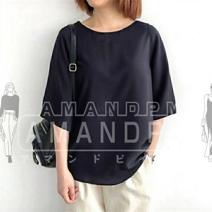 AMANDPMのTシャツ ブラウス Tシャツ 半袖 ラウンドネック 切り替え ブラウス Tシャツ 丸首 ドット柄 オシャレ きれい カジュアル レディース チュニック 大人 かわいい 大きいサイズ ゆったり 春 夏 夏ブラウス 定番 20代 30代 40代 50代 可愛い｜アングル3