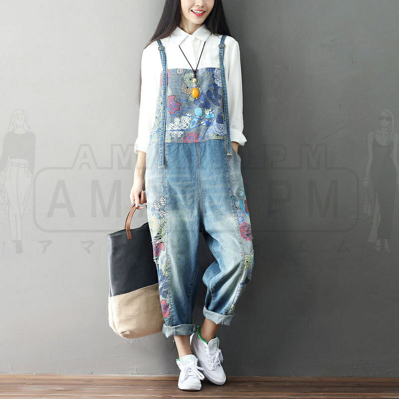 AMANDPMのサロペット レディース きれいめ パンツ 春 夏 秋 カジュアル 韓国 デニム オールインワン ロングパンツ ジーパン ボトムス 体型カバー ゆったり ワイドパンツ 花柄 重ね着 切り替え オーバーオール 大きいサイズ 無地 ズボン 大人 着痩せ 着回し 20代 30代 40代 50代｜アングル3