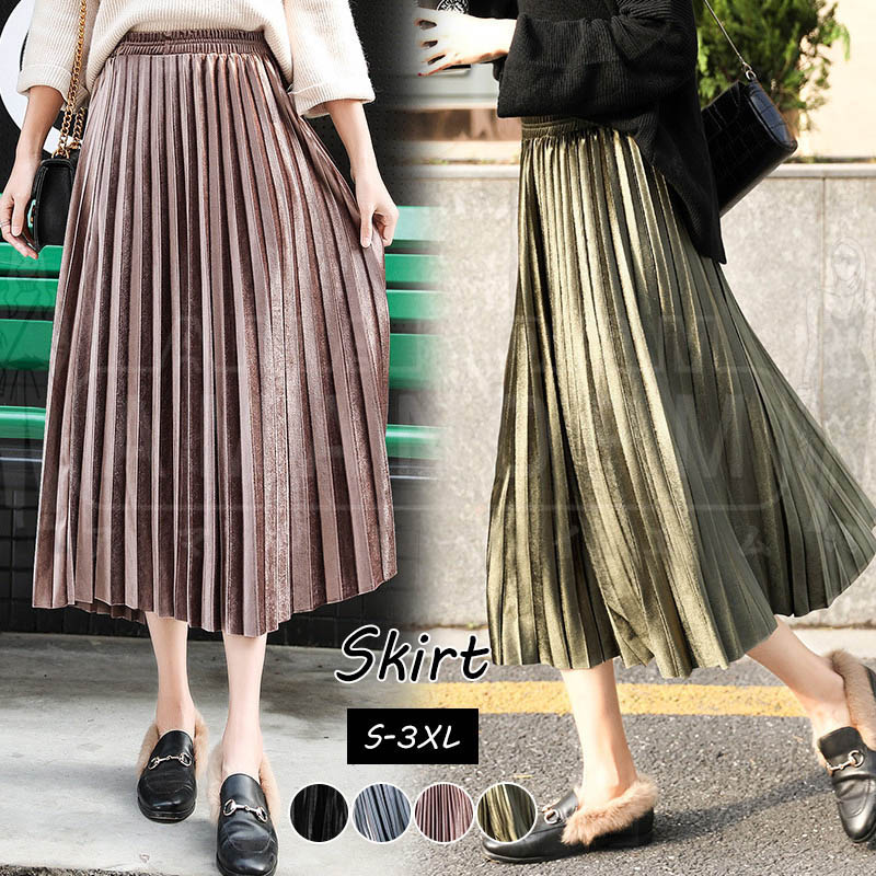乐天商城 - 「楽天スーパーSALE」 スカート レディース プリーツスカート 秋冬春 ロング丈 Aライン ゆったり ミモレ丈 ベルベット きれいめ 大人 カラバリ 通勤 着痩せ オシャレ 大人