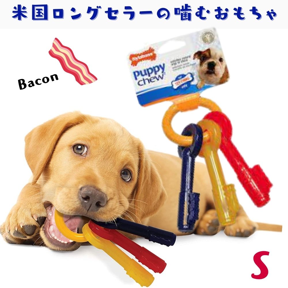 Nylabone ナイラボーン 鍵型 犬用 噛むおもちゃ 骨型 ボーン パピーチュー 不安 ストレス 解消 ベーコンフレーバー [Sサイズ] N220P