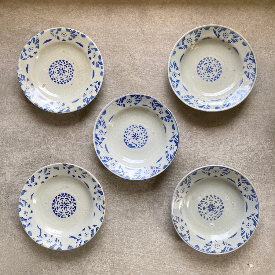 【10121】ソンベ焼き5枚 ソンベ song be ベトナム 幻の陶器 ビンテージ 50-60s 装飾皿 ベトナム雑貨 バッチャン焼き オールドソンべ オールドバッチャン