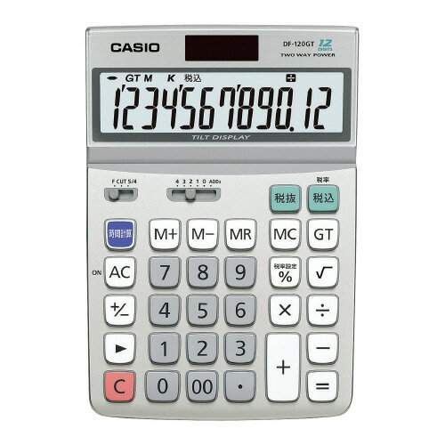 ●12桁表示　●デスクサイズ　●税計算　●時間計算機能　●大型表示で見やすい　●電源/太陽電池＋CR2032×1　●プラスチックキー　●計算状態表示　●早打ち対応　●角度調整　●サイズ：W122.5×D177.5×H32.7mm　●質量：約195g　●保証期間：1年　●すべり止め付き　●再生プラスチック40％以上使用　グリーン購入法適合　GPNエコ商品ねっと掲載　エコマーク