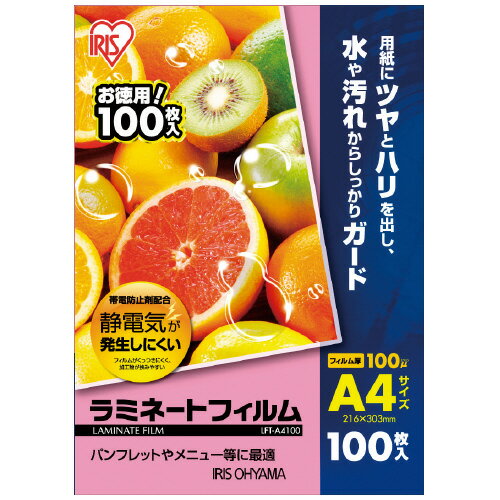 2個で送料無料■アイリスオーヤマ　ラミネートフィルム　帯電抑制　100枚入　100ミクロン　A4サイズ　メーカー品番:LFT-A4100　サイズ:216x303mm