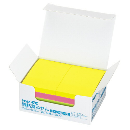 ●強粘着ふせん/ネオンカラー/7色ミックス●75mm * 50mm●枚数/90枚×10冊入り●ECFパルプ使用●混色入数/イエロー・マゼンタ・グリーン各2、オレンジ・ブルー・パープル・ピンク各1