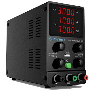 Jesverty 直流安定化電源 、電圧電流調整、スイッチング方式、4桁高精度LEDディスプレイ、5V/2A USB充電ポート、Fine微調整