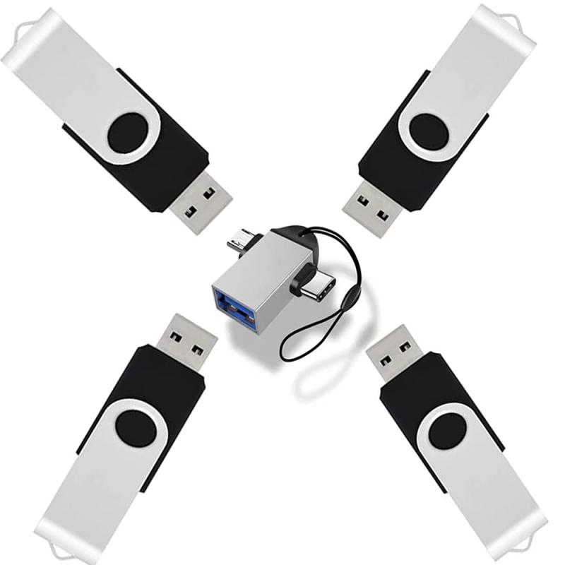 4個セット USBメモリ 64GB フラッシュドライブ USBフラッシュメモリー 回転式 USB 2.0 1本ストラップ付 + に対応 USB-C to USB 3.0 変換アダプター Windows PCに対応 Type C Micro USB