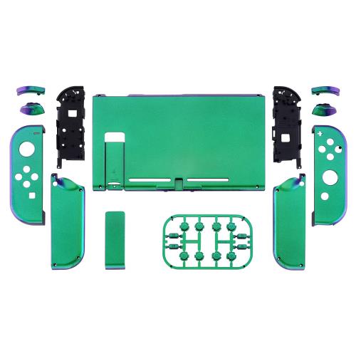 eXtremeRate Switchに対応用カスタムDIY交換ケースシェル、光沢のある色Switchコンソールに対応用バックプレート、NSに対応用ジョイコンホルダーハンドルコントローラーハウジング、フルボタンセットが付きグリーンパープルカメレオングロッシー