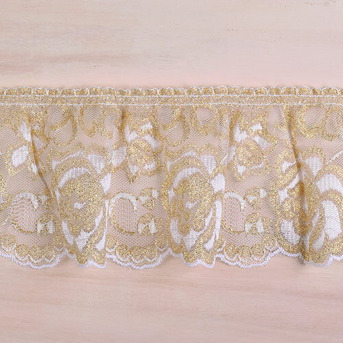 ラッセルフリルギャザーレース（4770-F） 約9cm幅 1.白×ゴールド 07Ac99_