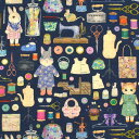 〔メール便対応商品〕 生地 22fabric -ニャンニャンファブリック- 6th collection ドレスメーカー/綿麻シーチング(DP-4856) 1C.紺 09Ac04_
