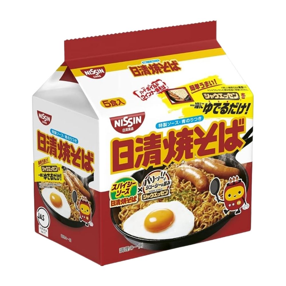 商品情報■　商品説明日清焼そば 5食パック 数量：1パック（5食入り） 内容量：500g（めん445g） JANコード：4902105051238 メーカー：日清食品 粉末ソースで仕上げる袋入りの即席焼そばです。お湯の目安量は1食につき220mLです。調理方法はパッケージをご確認ください。 アレルギー物質：小麦・乳成分・大豆・鶏肉・豚肉・りんご 栄養成分（1食100g当たり）：熱量490kcal、たんぱく質9.7g、脂質22.8g、炭水化物61.6g、食塩相当量3.8g 原材料・栄養成分・アレルゲンの表示が変更される場合があります。お召し上がり前に、お手元の商品表示をご確認ください。 原材料名：油揚げめん（小麦粉（国内製造）、植物油脂、食塩、しょうゆ、香辛料）、ソース（糖類、食塩、粉末ソース、香味調味料、小麦粉加工品、香辛料、粉末しょうゆ、たん白加水分解物、ポーク調味料、植物油脂、みりん風調味料）、ふりかけ（青のり）／カラメル色素、調味料（アミノ酸等）、酸味料、炭酸Ca、乳化剤、かんすい、香料、酸化防止剤（ビタミンE）、甘味料（カンゾウ）、香辛料抽出物、ビタミンB2、ビタミンB1、（一部に小麦・乳成分・大豆・鶏肉・豚肉・りんごを含む）■　賞味期限について賞味期限は各商品の容器包装に記載されています。賞味期限についてご不明な点は、ご購入前にお問い合わせください。■　sterastarオンラインショップからのお知らせ※同一商品の異なるデザインパッケージが届く場合がございますので、ご了承ください。