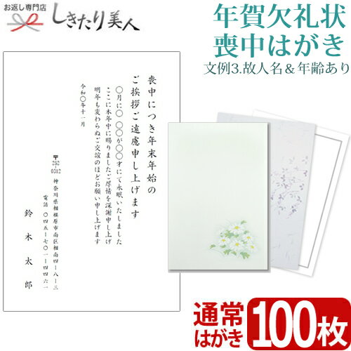 【送料無料 メール便】【文例3・故人名＆年齢あり】年賀欠礼状 喪中はがき 100枚 type3-ketsurei100 |私製葉書 名入れ印刷 テンプレート 白菊 紫花 無地 挨拶状 欠礼はがき ご案内状 宛名 喪中ハガキ 葉書 案内状印刷 ネット注文 年賀状辞退