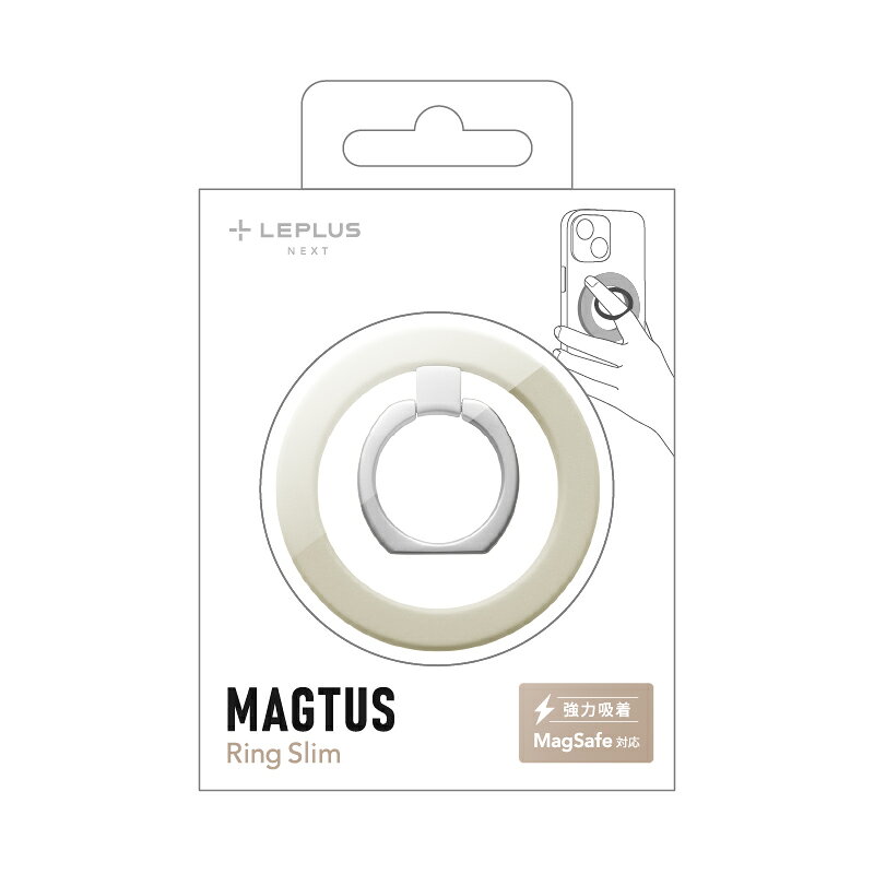 MagSafe対応 スマートフォンリング「MAGTUS」 Ring Slim iPhone12シリーズ以降の端末に使用可能な、マグネット式スマートフォンリング/強力な磁力でしっかり吸着し端末の落下を防ぐ/貼り跡が残ることもなく、リングが必要ないときはすぐに取り外し可能/約4mmの極薄形状/平たく折りたためる形状で背面を下にしてもガタつきにくい/約18gで持っていても負担になりにくい軽さ （製品詳細） 対応機種：iPhone12シリーズ以降 本体素材：亜鉛合金+PC+マグネット 製品サイズ：Φ55xD4mm / 17.3g(本体) パッケージサイズ(mm)： W78xH120xD12mm / 31.7g(パッケージ込) ＜注意事項＞ ●本製品はMagSafe対応端末/ケースへの装着時のみ、内蔵マグネットを利用した装着が可能となります。 ●本製品を用途以外の目的には使用しないでください。 ●本製品を使用しての事故や故障、データの損失などに関しては、当社では一切の責任を負いかねます。 ●時計/クレジットカードのような磁気カードなど、磁気の影響を受けるものには近づけないでください。データ破損の原因となります。 ●端末をワイヤレス充電する際は、必ず本製品を取り外してから行ってください。 ●高温、多湿、直射日光の当たる場所など環境変化の大きな場所での長期保管はしないでください。商品劣化の原因となります。 ●ご使用状況や環境などにより、変色する場合があります。 ●本製品を使用することで、ケースや端末本体に使用痕が残ることがあります。 ●取り外しの際は、本製品を横にスライドさせながら行うと取り外しやすくなります。 ●幼児の手の届かない場所へ保管してください。 ●本製品は落下防止及び落下による破損防止を必ず保証するものではありません。 ●イラストや写真はイメージです。実際の商品とは異なる場合があります。 ●デザイン/仕様などは改良のため予告なく変更する場合があります。 ●徹底した品質管理のもと生産しておりますが、万が一初期不良が確認された場合は、ご購入から1週間以内にご連絡をお願いします。