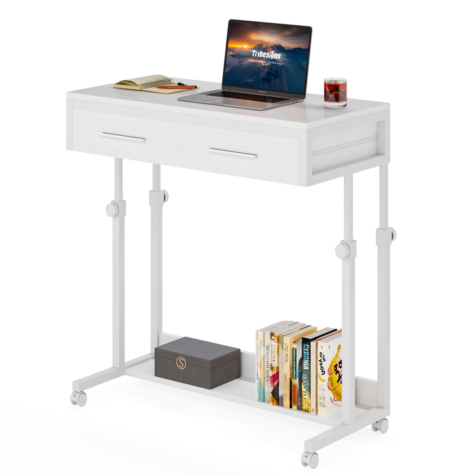 Tribesigns 昇降デスク 幅80 引き出し付き キャスター付き ソファサイドテーブル ベッドデスク スタンディングデスク ホームオフィス用 昇降机 ホワイト 無段階 高さ調整 手動 学習デスク