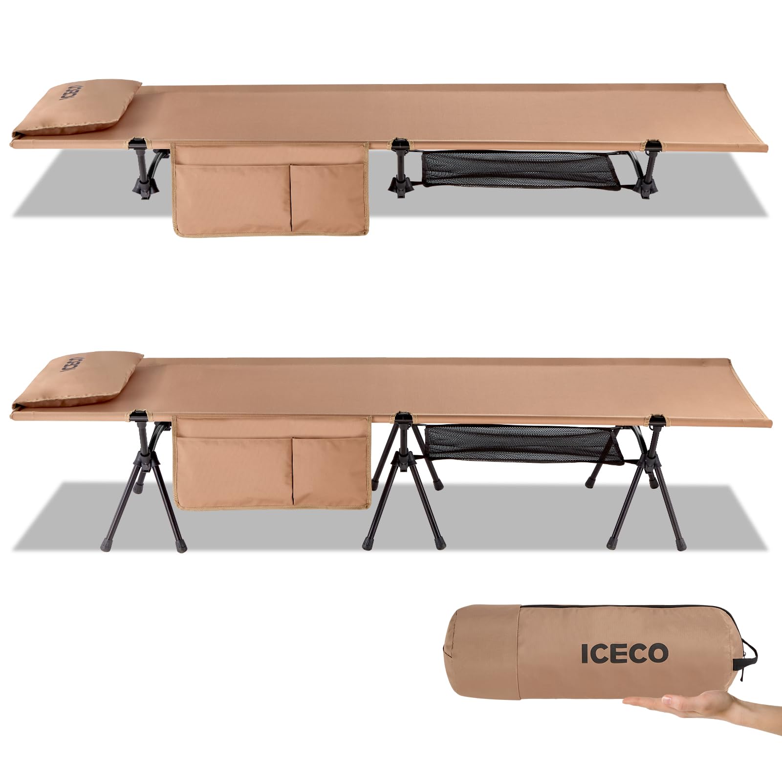 楽天お買い得本舗　岡山店【Upgrade】ICECO コット 1000D 耐荷重180KG 軽量2.8KG 2WAY ハイ/ロー切替可能 静音設計 キャンプ アウトドア ベッド 折りたたみ式 組立簡易 コンパクト 収納バッグ付き 日本語説明書付 （カーキ）