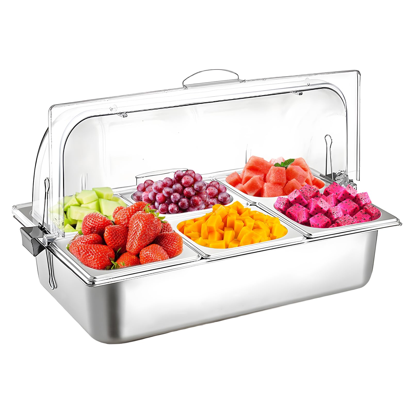 ビュッフェサーバー フードディスプレイセット ビュッフェ ディスプレイ プレート 鮮明 クーラー 氷で凍らせる ステンレス鋼 保存 陳列 防塵 透明カバー 青果 野菜 フルーツ パン スイーツ (角型6連＊1.7L)のサムネイル