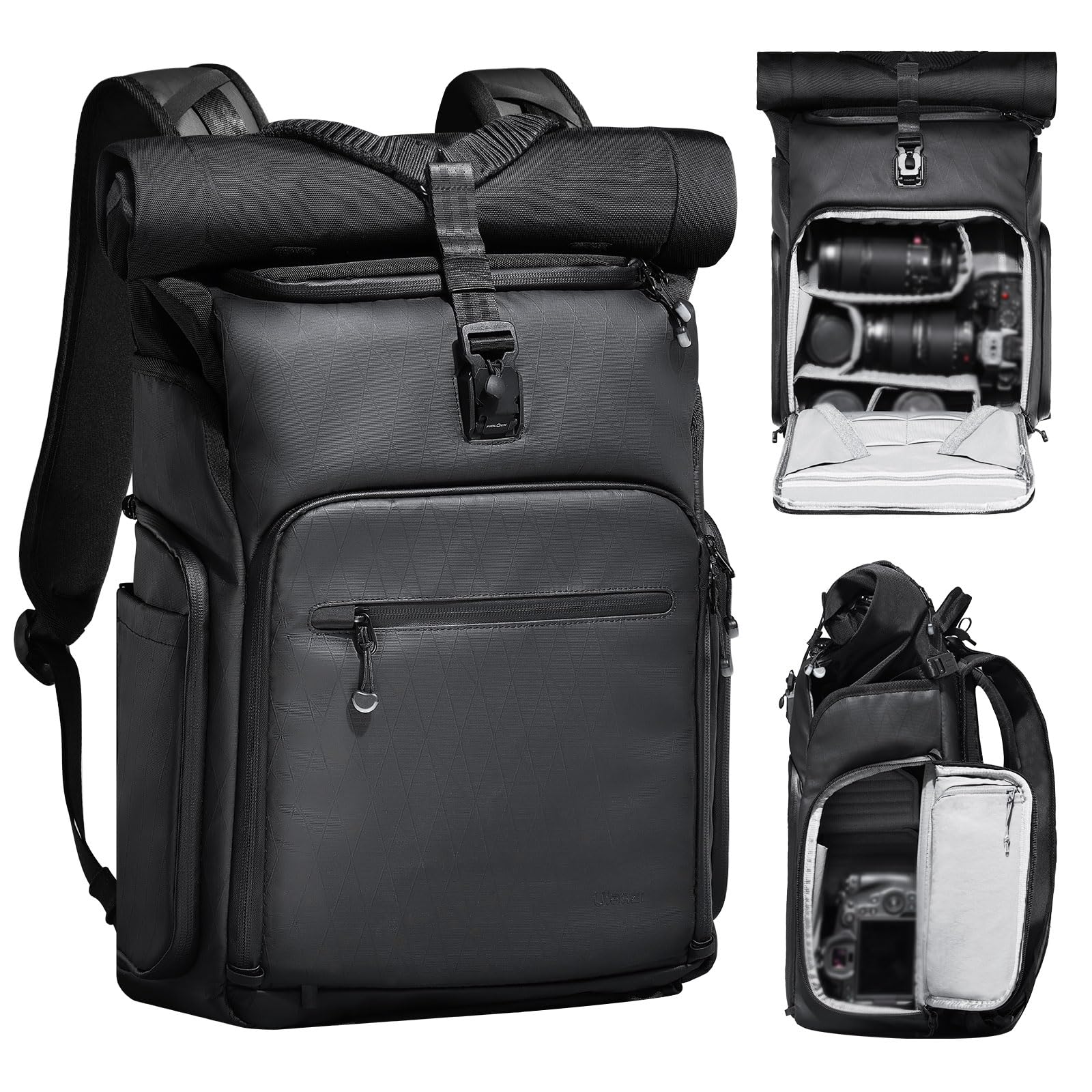 楽天お買い得本舗　岡山店[VIJIM] Ulanzi BT01 カメラバッグ 撮影用バックパック 大容量 25L 拡張可能 ロールトップ設計 仕切り調整可 サイドアクセス 撥水加工 一眼レフカメラ/三脚/衣類/小物収納 パソコン収納 一眼レフバッグ ビジネス/旅行/アウトドアに適