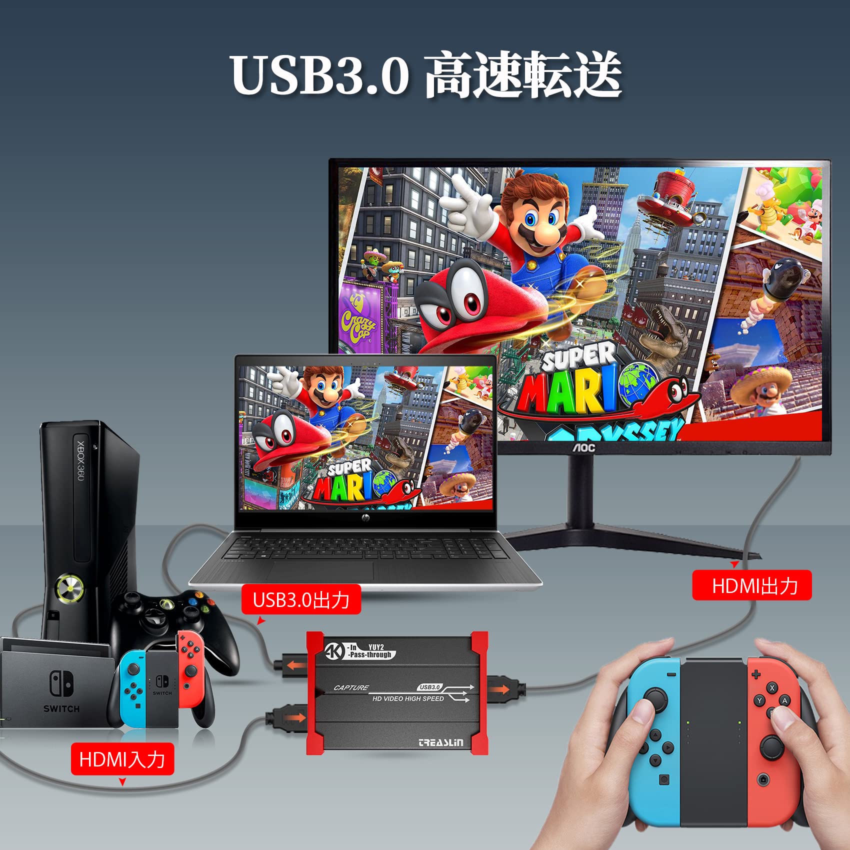 TreasLin キャプチャボード HDMI to USB3.0 ゲームキャプチャボード Switch PS4 Xbox Wii UおよびPS3を4K HDパススルーでサポート、OBS Potplayer 1080P@60Hzライブ配信/Youtube配信