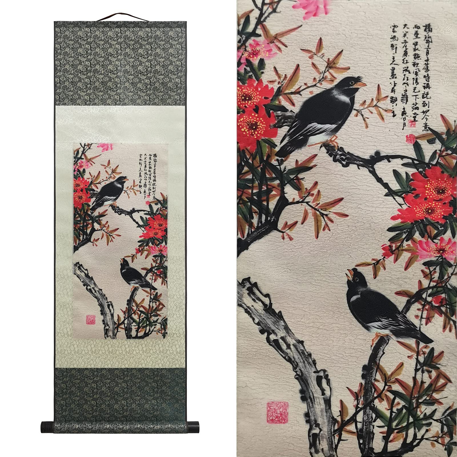 シルクスクロールペインティング 絹本 掛け軸 アジアン 壁飾り 四色 花鳥画 - オウム ツグミ カササギ ムクドリ - 黒色のムクドリ 美しい 中国画 掛け軸 絵画 巻物 東洋風 装飾品 99 x 30 cm (39 x 12 インチ)のサムネイル