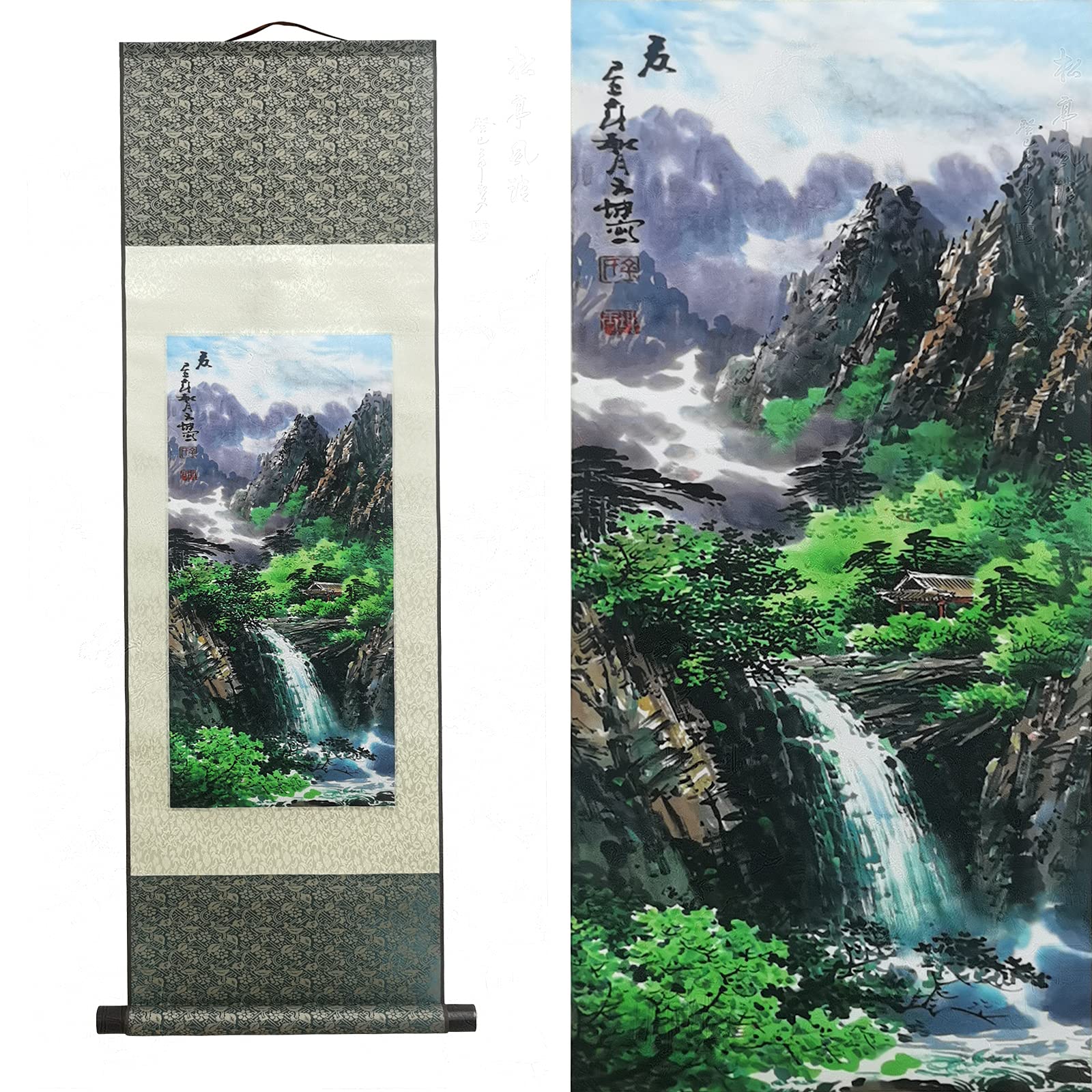 絹本 シルクスクロールペインティング 掛け軸 アジアン 壁飾り 四季 春夏秋冬 山水画 - 夏 美しい 中国画 掛け軸 絵画 巻物 東洋風 装飾品 99 x 30 cm (39 x 12 インチ)のサムネイル