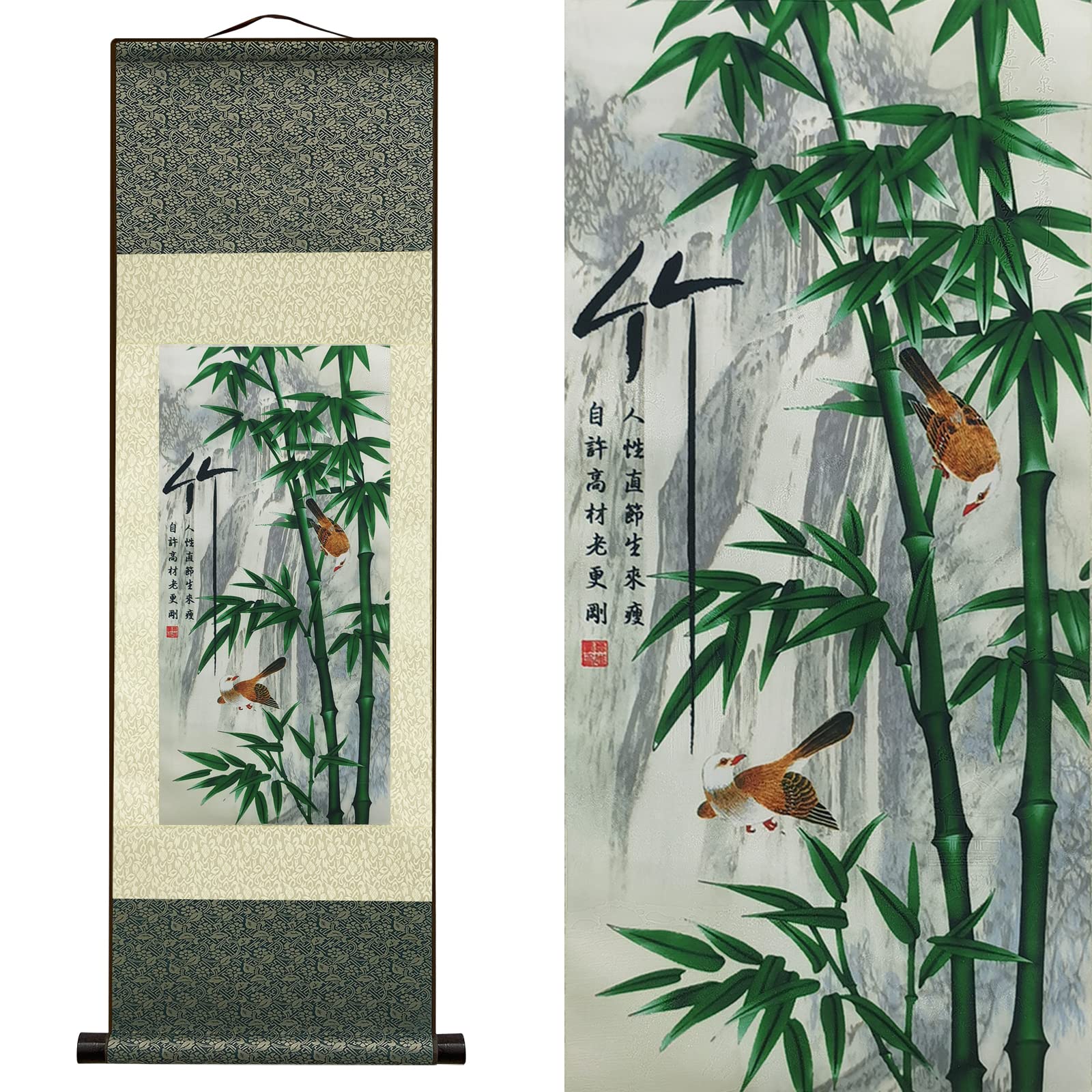 絹本 掛け軸 シルクスクロールペインティング アジアン 壁飾り 四君子 - 梅蘭竹菊 - 竹 美しい 中国画 掛け軸 絵画 巻物 東洋風 装飾品 99 x 30 cm (39 x 12 インチ)のサムネイル