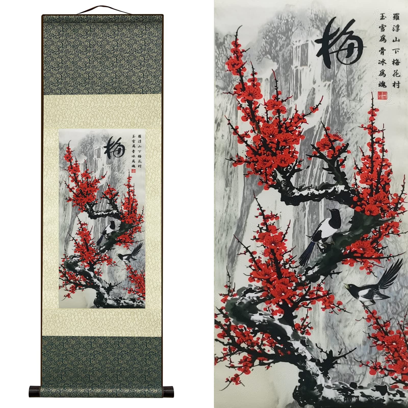 絹本 掛け軸 アジアン 壁飾り 四君子 - 梅蘭竹菊 - 梅 美しい 中国画 掛け軸 絵画 巻物 東洋風 装飾品 99 x 30 cm (39 x 12 インチ)のサムネイル