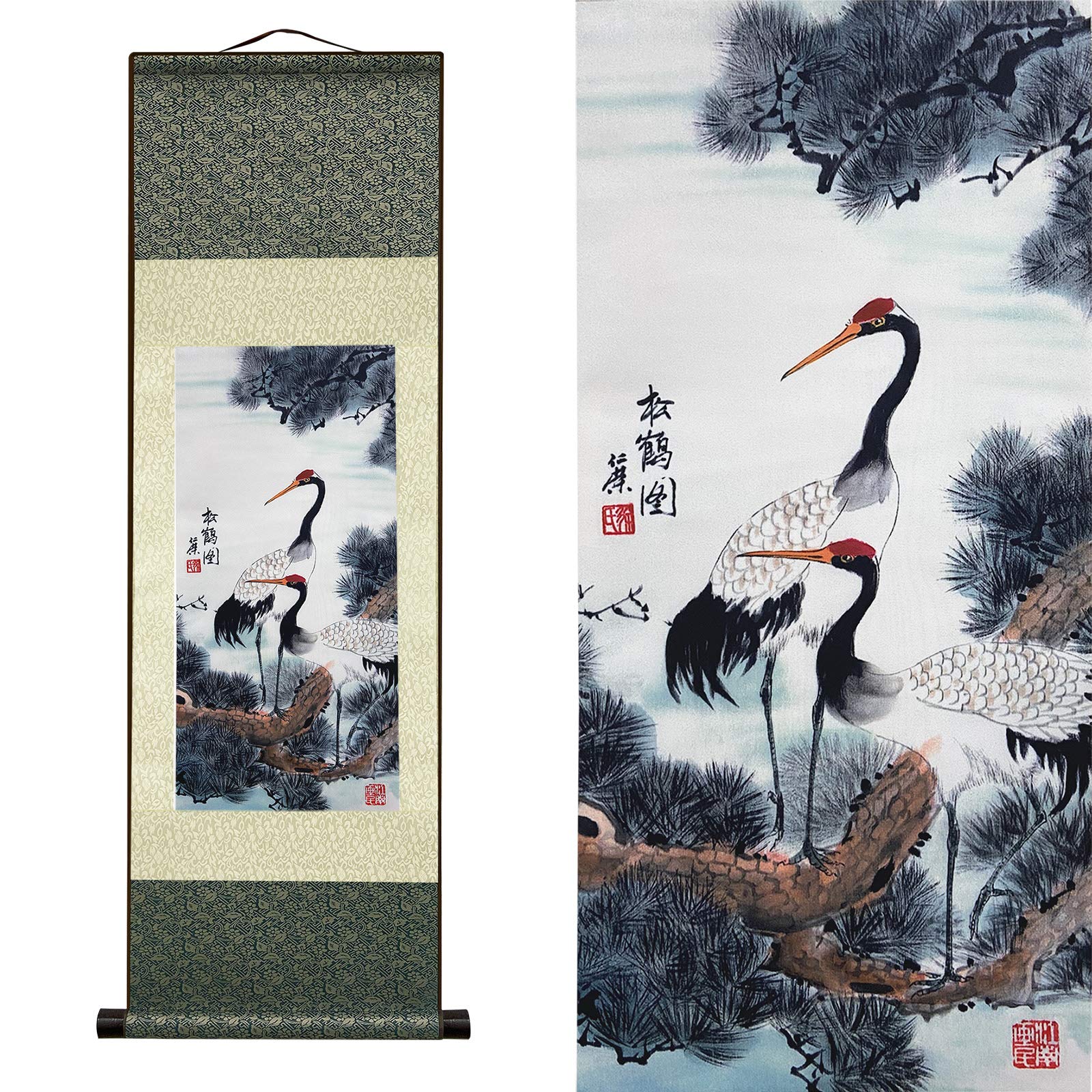 絹本 掛け軸 アジアン 壁飾り 動物 - タンチョウヅル - タンチョウ 美しい 中国画 掛け軸 絵画 巻物 東洋風 装飾品 99 x 30 cm (39 x 12 インチ)のサムネイル
