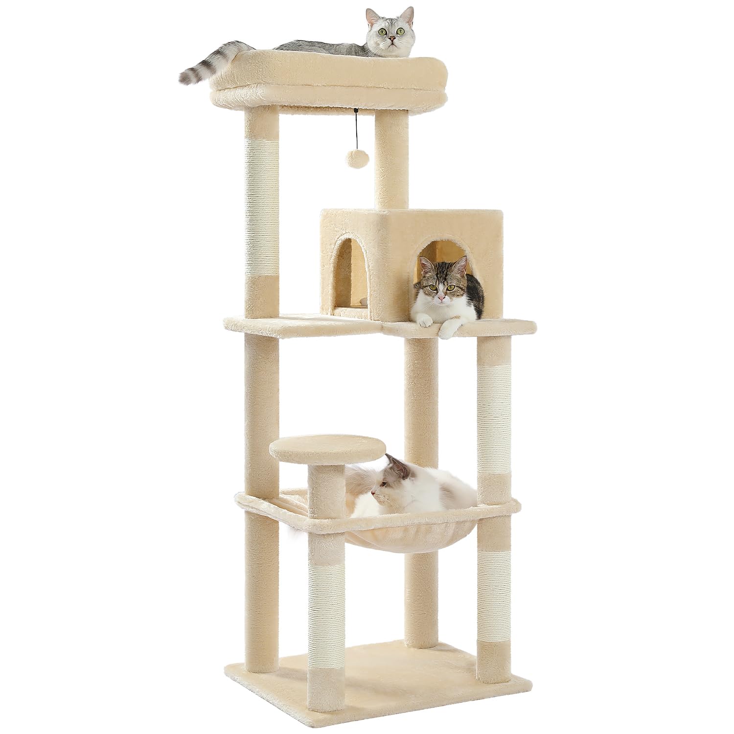 PETEPELA(ぺテぺラ) キャットタワー 猫タワー スリム 大型猫 据え置き 省スペース 登りやすい ハンモック 見晴台 ねこハウス ボンボン 天然麻紐 爪とぎ 運動不足解消 多頭飼い ベージュ 高さ143cm