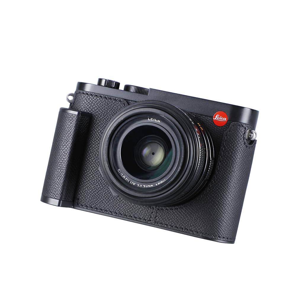 SIUTATDSH カメラハーフケース Leica Q3用、ビンテージメタル本革カメラ保護ケース スタイリッシュ ポータブル 耐衝撃 (ブラック)