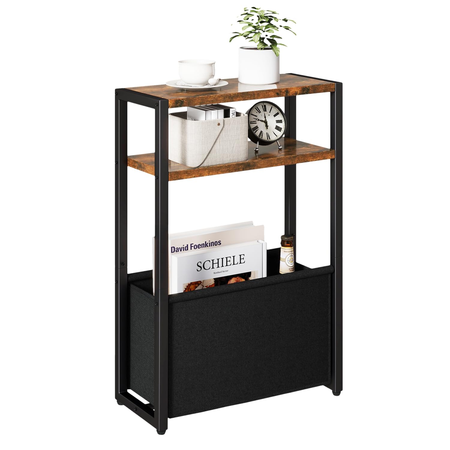 IBUYKE スリムサイドテーブル 布袋付き 収納棚付き 幅43×奥行18×高さ55cm 3段 ベッド横 マガジンラック..