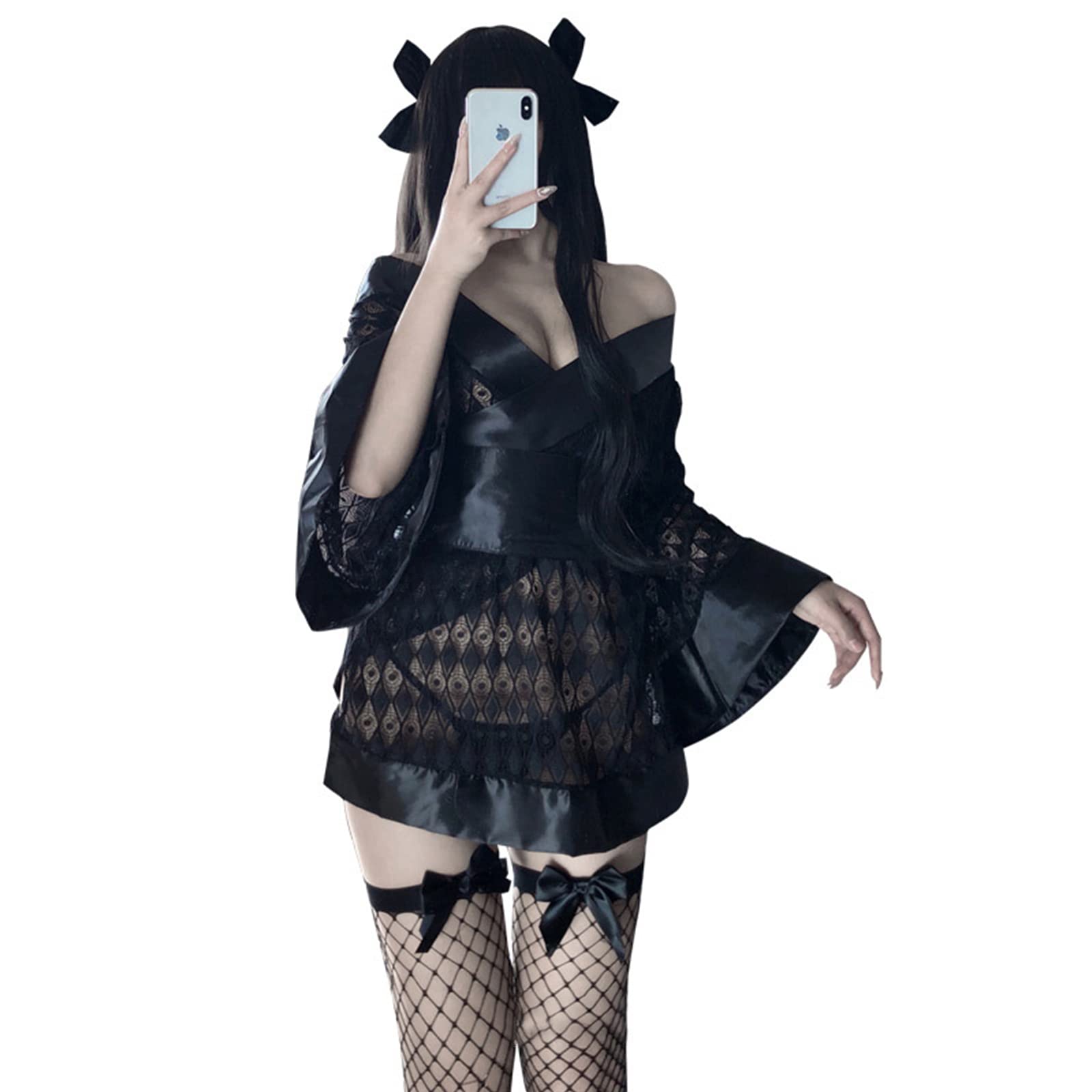 [Xverycan] ランジェリー 和装 和風 コスプレ セクシー エロ 過激 エッチ 和服 着物 透け 薄手 着物ドレス 花魁 コスチューム ベビドール 前開き かわいい ブラックのサムネイル