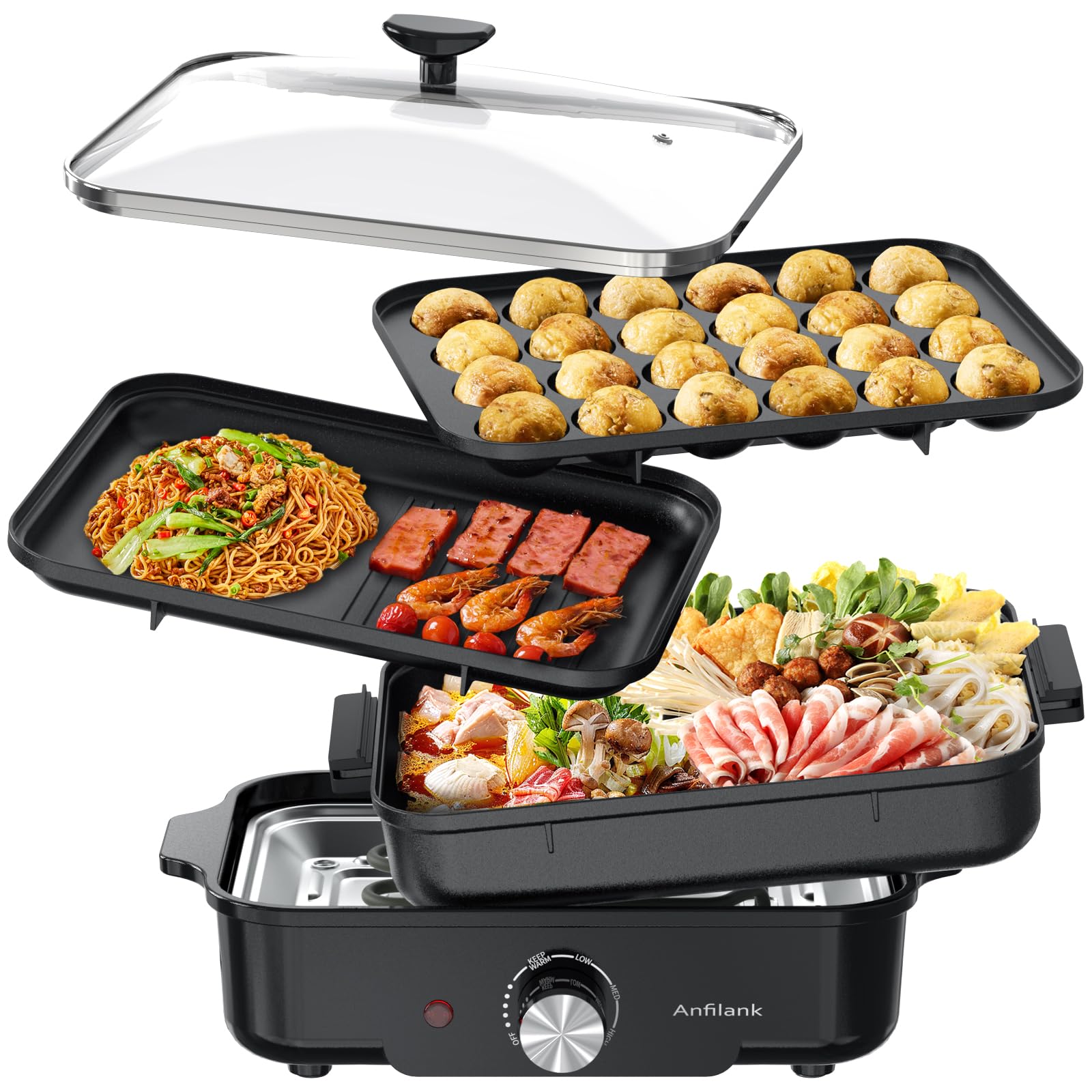 ANFILANK ホットプレート たこ焼き器付き 焼肉プレート 3枚のプレート付き 蓋付き 多機能 温度調節機能 1~3人用 急速沸騰 1200W お手入れ簡単...