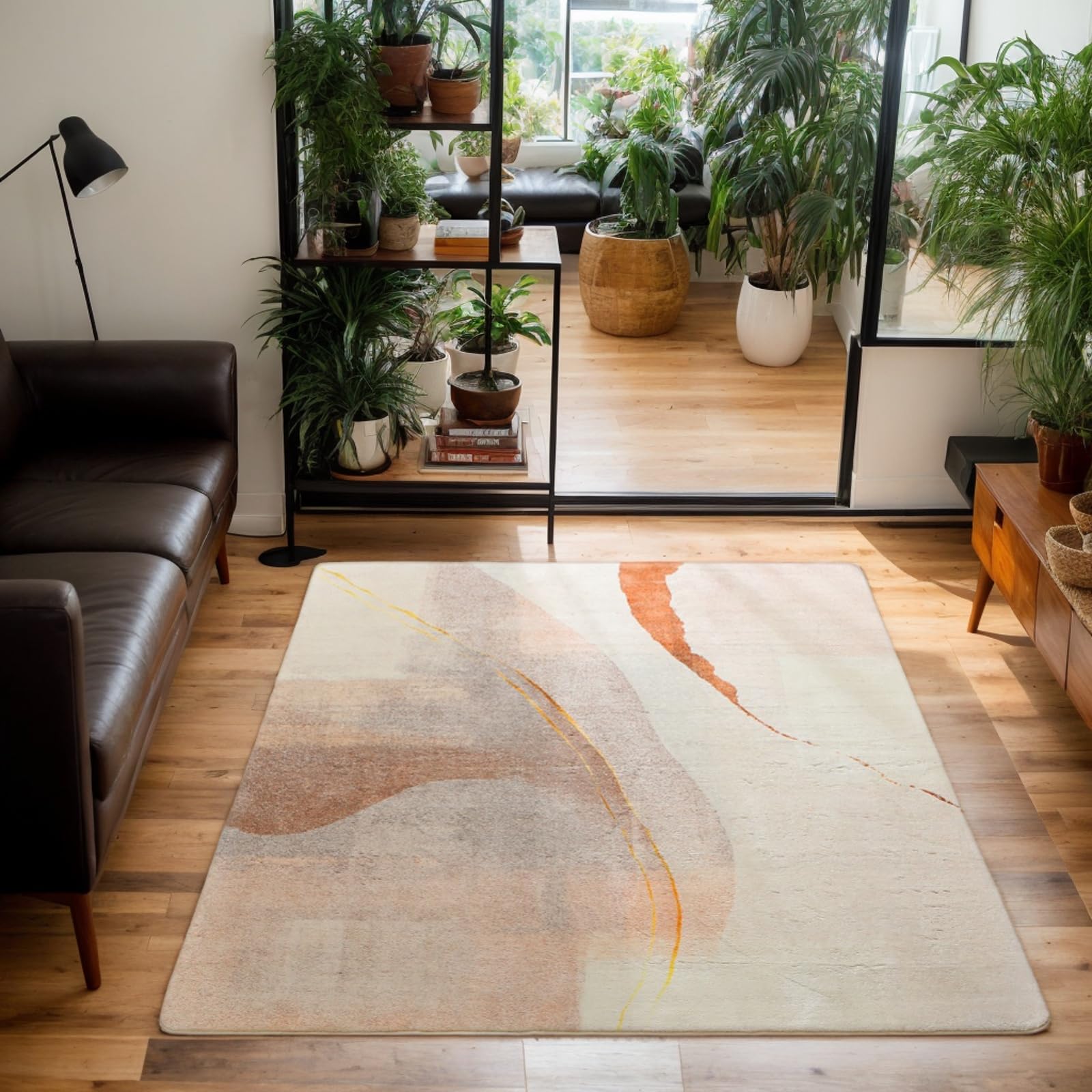 Calore カーペット ラグ ラグマート 絨毯 北欧 模造カシミヤ 防ダニ 抗菌 防臭 滑り止め 幾何学模様 耐久性 長方形 ホットカーペット 冷房対応 オールシーズン (ブラウン/ゴールド, 80x120cm)