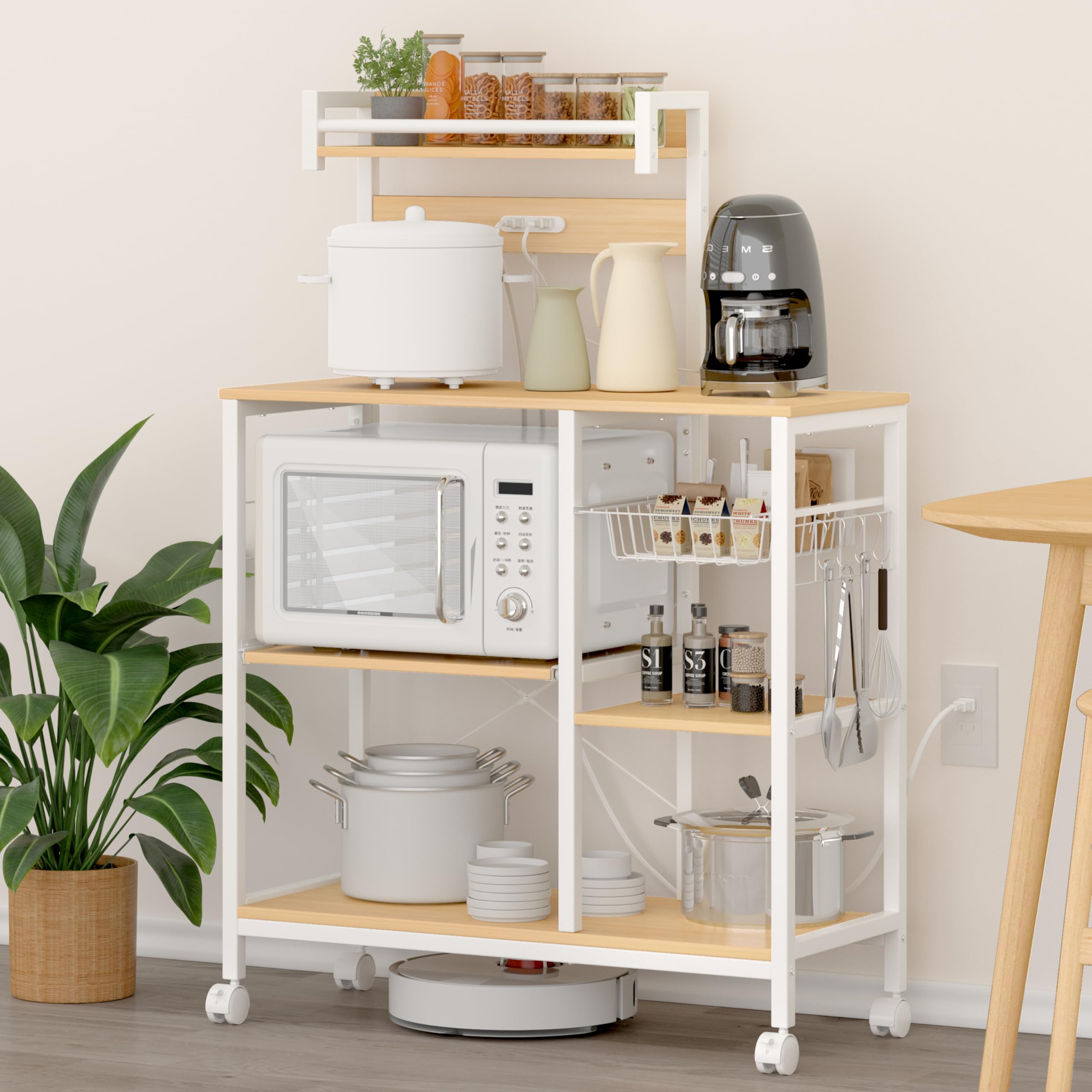 LunarLight キッチンベイカーラック 幅90奥行39高さ133.5cm キッチンラック レンジラック オープンラック プリンタ台 2口コンセント付き レールでスライド式棚板 耐荷重100kg レンジ炊飯器など対応 Sフック ストッパーキャスターとア