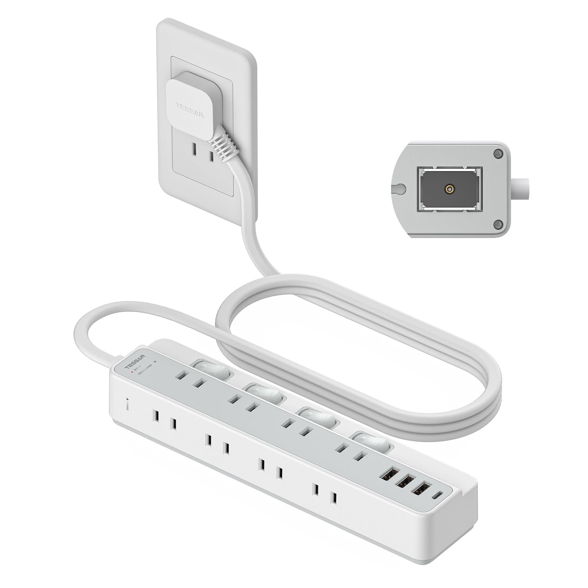 電源タップ マグネット 延長コード 2m 薄型プラグ たこあし コンセント usb付き テーブルタップ TESSAN..
