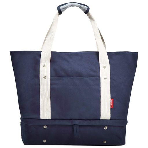 【サイズ】縦:約36cm(上段:約26cm/下段:約10cm)、横:約38cm(ボトム)/約50cm(開口部)、マチ:約16cm、ポーチ:約15cmx約22cm、ハンドル持ち手高:約20cm 【内容量】約20リットル相当(上段:約14リットル/下段:約6リットル) 【重量】約725g 【カラー】ネイビー(画像と実物とで若干色味が異なる場合がございます) 【材質】表地:キャンバス(綿、薄い生地)、裏地:ポリエステル