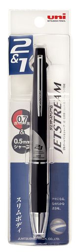 サイズ:軸径 12.2mmx厚さ 17.1mmx全長 147.6mm ボール径:0.7mm / シャープ芯径:0.5mm 重量:15.3g 仕様:ボールペン 黒・赤色+シャープペン 使用頻度の高い、黒・赤ボールペン(ジェットストリーム)+シャープペンと機能を絞り、スリム化かつ軽量化を実現。 最適なウェイトバランスと、スリム化したことによりグリップのホールド感も向上し、ジェットストリームのなめらかな書き心地をより実感できる多機能ペン。