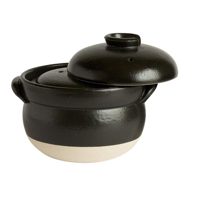 佐治陶器 萬古焼 ご飯鍋 ごはん釜 3合炊き 黒 ブラック 直径約19.5cm 絶品 ごはん鍋 (中蓋付) 日本製 30-1
