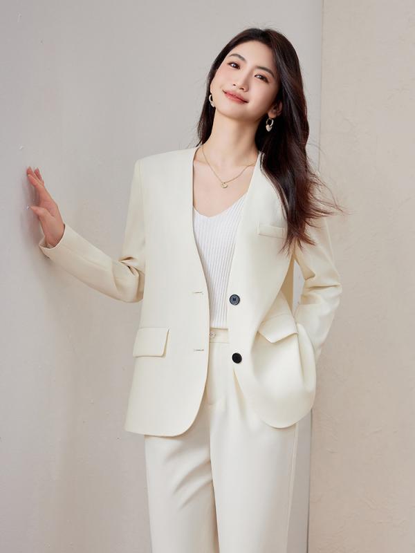 スーツセット レディース 米色 黒 春 高級感 エレガント ノーラペル カジュアル 長袖 ジャケット ロングパンツ ポリエステル ストレッチ 普段使い ビジネス