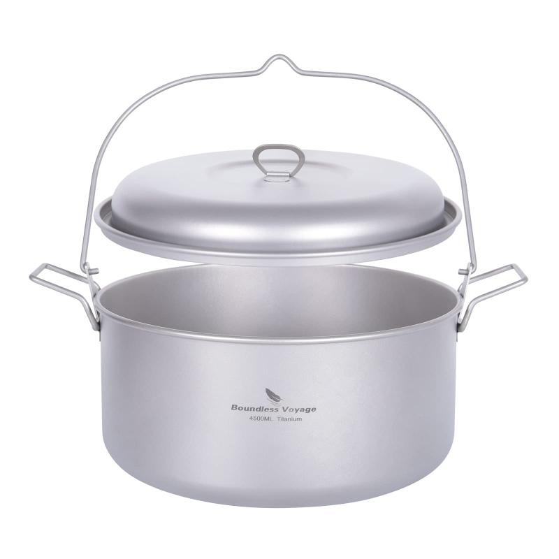 Boundless Voyage チタンクッカーセット 吊り鍋 4.5L 蒸し器鍋 二段蒸し器 蓋付き 超軽量 折りたたみハンドル キャンプ吊り下げ鍋 直火 アウトドアクッカー 調理器具 収納袋付き