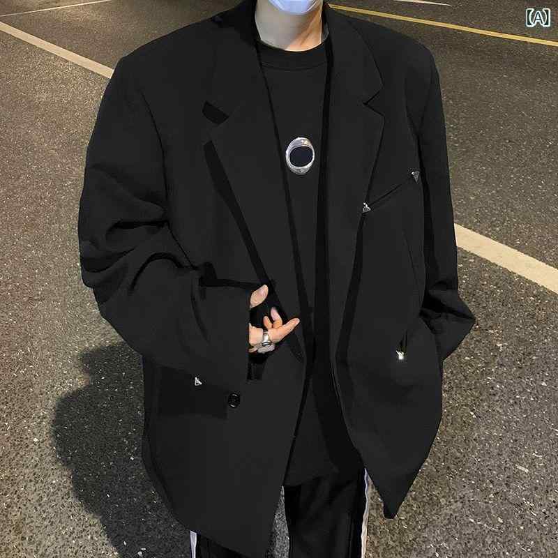ジャケット メンズ 肩パッド カジュアルスーツ 春秋 ゆったり ルーズ トレンド ストリート 高級感 アメリカン ハイストリート 黒 長袖 ポリエステル 混紡 ノーアイロン ステッチ シングル 直裾 普段使い