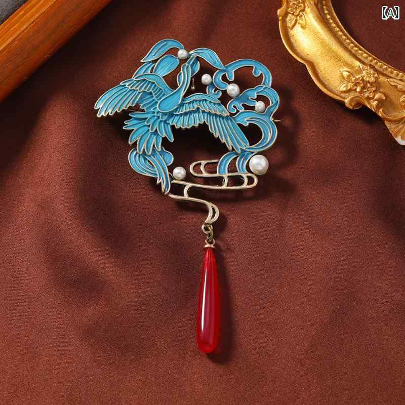 Brooches - ブローチ メンズ レディース レトロ 中国風 仙鶴 焼藍 古典 タッセル チャイナドレス 襟留め 高級感 アクセサリー 金属 パール 装飾 動物モチーフ 夏 エレガント クラシカル