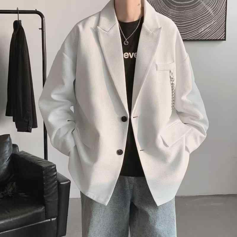 スーツジャケット メンズ オーバーサイズ ワッフルチェック トレンド ルーズ 秋 通勤 カジュアル 高級感 通気性 ノーアイロン ポリエステル混紡 ロングスリーブ ポケット ストレートヘム 白 黒