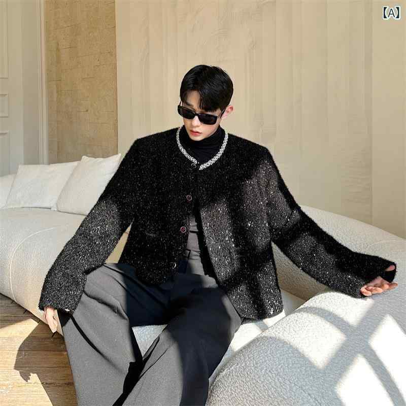 ジャケット メンズ 黒 長袖 ラウンドネック ルーズフィット シングルブレスト カジュアル 高級感 光沢 毛織り 手縫いストーン 装飾 明線ポケット 本布ヘム ノーアイロン モーダル生地 ストレッチ オールシーズン