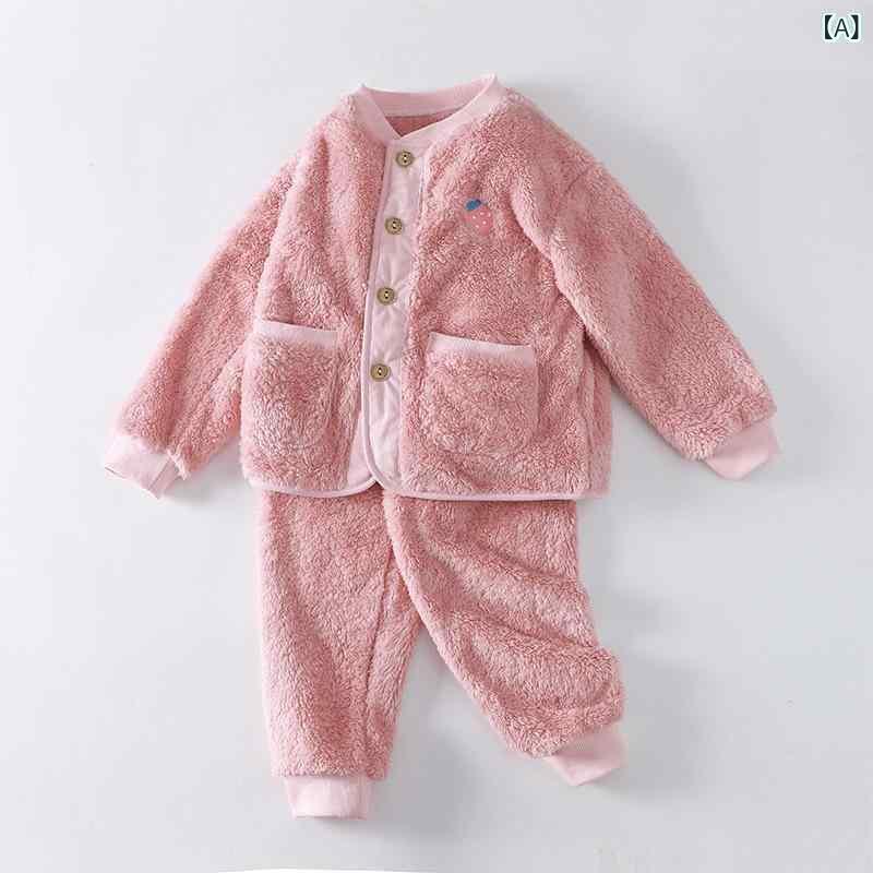子供用パジャマ キッズ 男の子 女の子 フランネル 刺繍 厚手 ルームウェア 上下セット ピンク いちご ..
